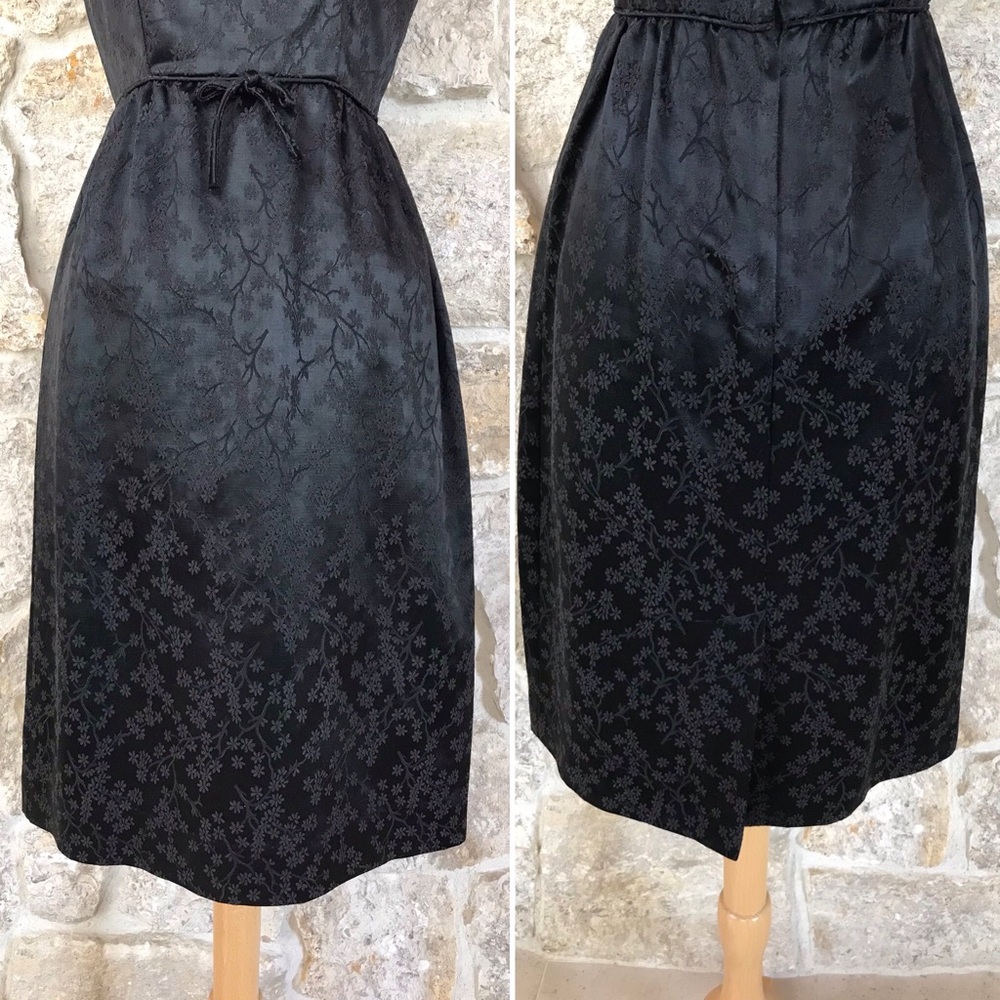 Vintage 50s Black Floral Brocade Dress Set with Kitten Bow Waist Audrey Hepburn - Picture 14 of 16
